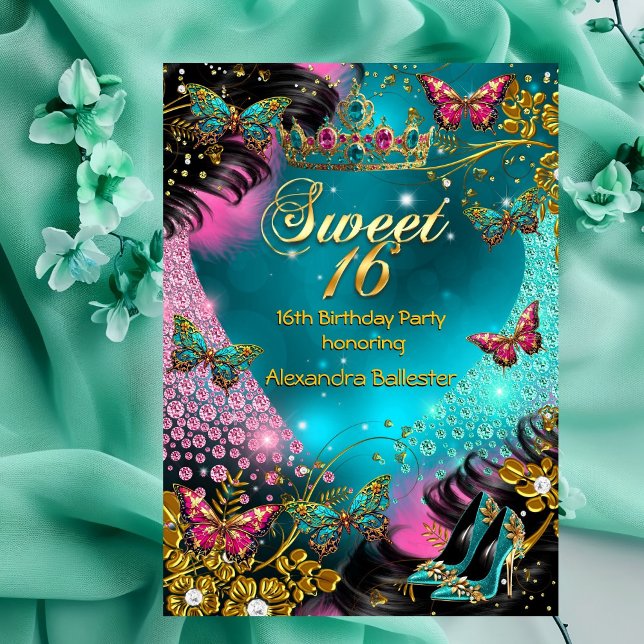 Invitación Cumpleaños dulce 16 azul verde rosa mariposa (Subido por el creador)