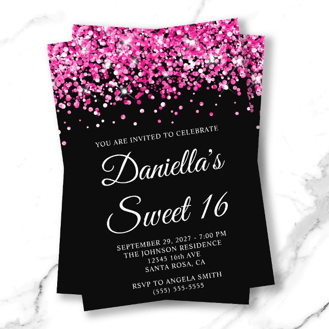 Invitación Cumpleaños Dulce 16 con Brillo Rosa y Negro (Pink Glitter Black Sweet 16 Invitation)
