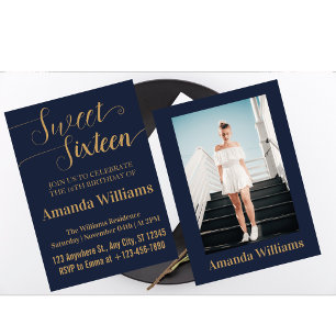 Invitación  Cumpleaños dulce 16 Foto azul y lujo dorado 