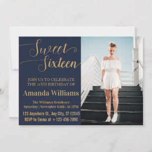 Invitación Cumpleaños dulce 16 Foto Azul y Oro Lujo