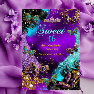 Invitación Cumpleaños dulce 16 Mariposa púrpura azul verdoso 