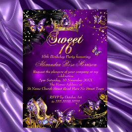 Invitación Cumpleaños dulce 16 púrpura Oro Negro Mariposa