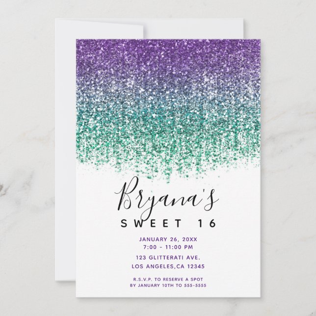 Invitación Cumpleaños Dulce 16 Purpura Turquesa Brillante Des (Anverso)