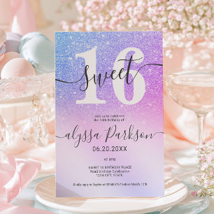 Invitación Cumpleaños Dulce 16 Rosa Purpura Azul Falso Brillo