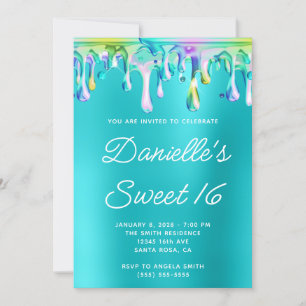 Invitación Cumpleaños Dulce 16 Turquesa Azul Holográfico Líqu