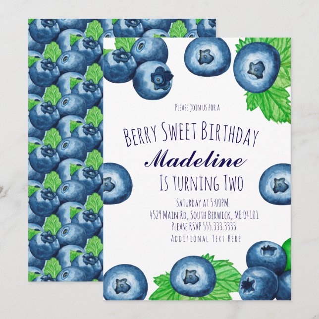 Invitación Cumpleaños Dulce Arándano Acuarelado  (Anverso / Reverso)