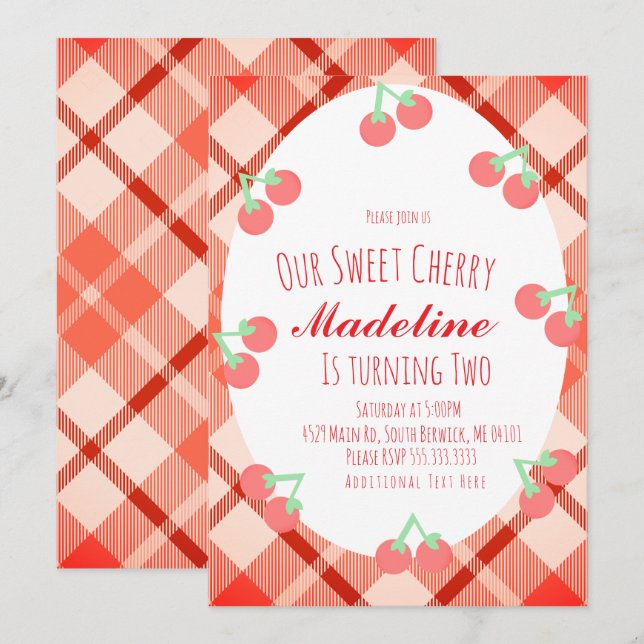 Invitación Cumpleaños Dulce Cereza Dibujada a Mano (Anverso / Reverso)