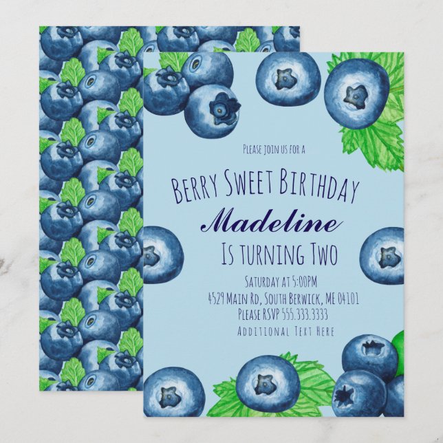 Invitación Cumpleaños Dulce de Arándanos Pintados con Acuarel (Anverso / Reverso)