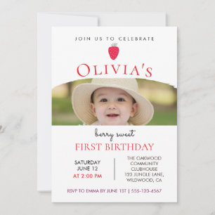 Invitación Cumpleaños Dulce de Fresa Primer CumpleañosDulce d