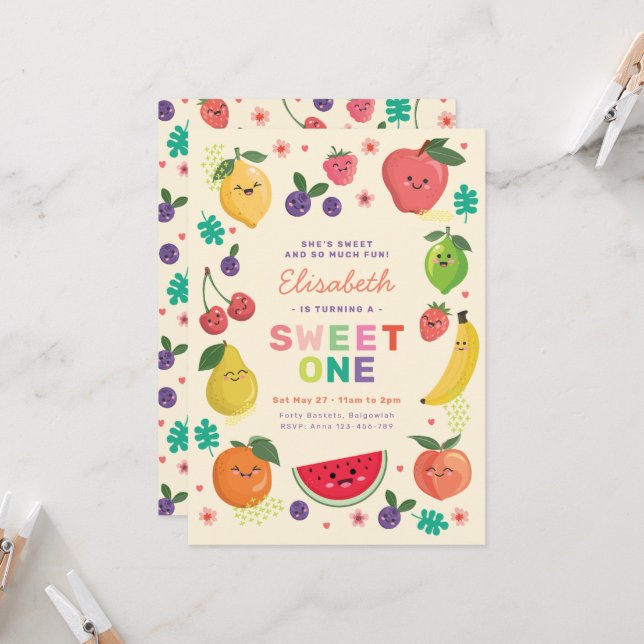 Invitación Cumpleaños Dulce de Frutas Lindas Arcoíris (Anverso/Reverso In Situ)