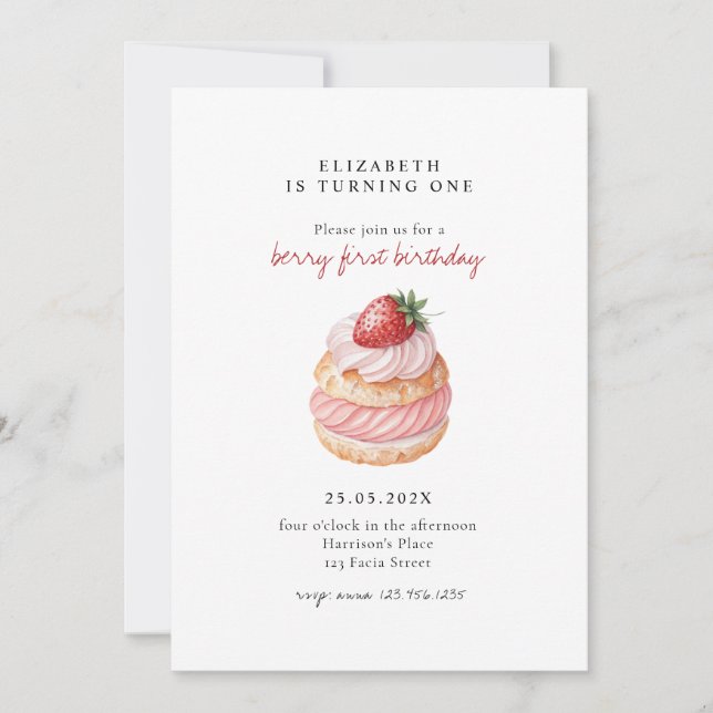 Invitación Cumpleaños dulce de la primera fresa rosa lindo (Anverso)