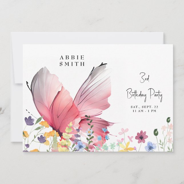 Invitación Cumpleaños dulce de mariposa y flores silvestres (Anverso)