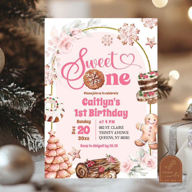 Invitación Cumpleaños dulce de Navidad rosa uno invierno (Subido por el creador)