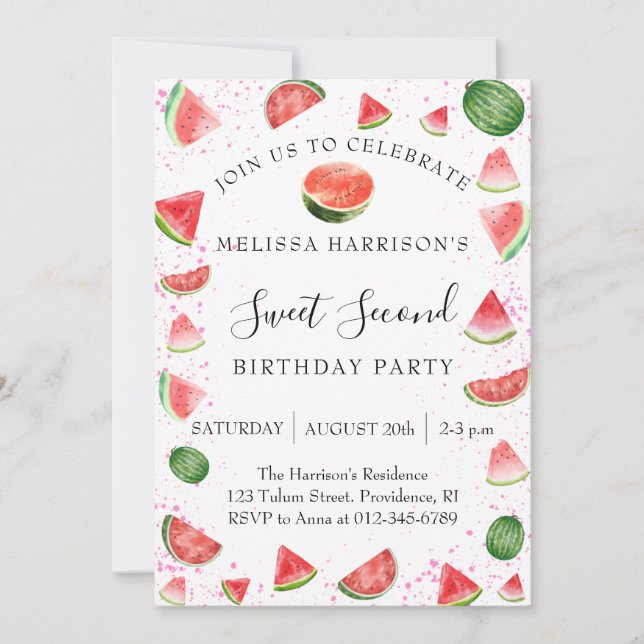 Invitación Cumpleaños dulce de niña de 2 años con sandía (Anverso)