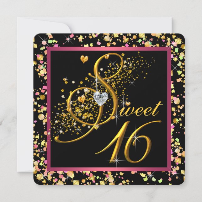 Invitación Cumpleaños dulce dieciséis con confeti rosa y negr (Anverso)