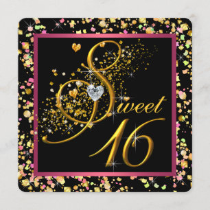 Invitación Cumpleaños dulce dieciséis con confeti rosa y negr