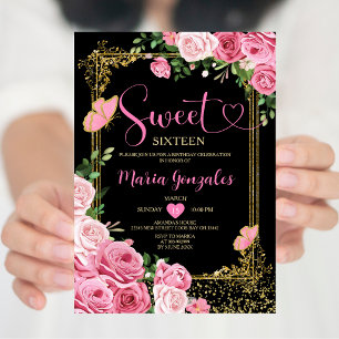 Invitación Cumpleaños Dulce Dieciséis Negro Rosa Oro 16 Cumpl