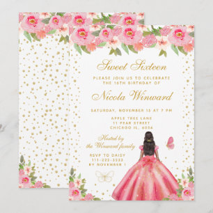 Invitación Cumpleaños Dulce Dieciséis Princesa de Piel Oscura
