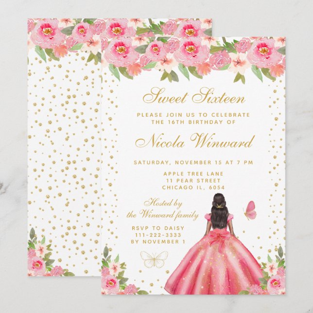 Invitación Cumpleaños Dulce Dieciséis Princesa de Piel Oscura (Anverso / Reverso)