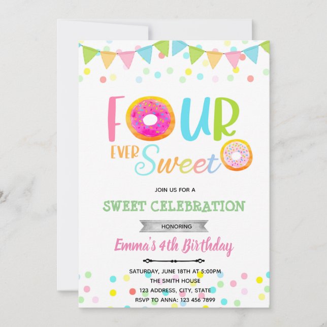 Invitación Cumpleaños dulce donut FOURever (Anverso)
