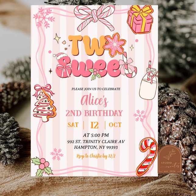 Invitación Cumpleaños Dulce Dos Navidad Invierno Retro Rosa (Subido por el creador)