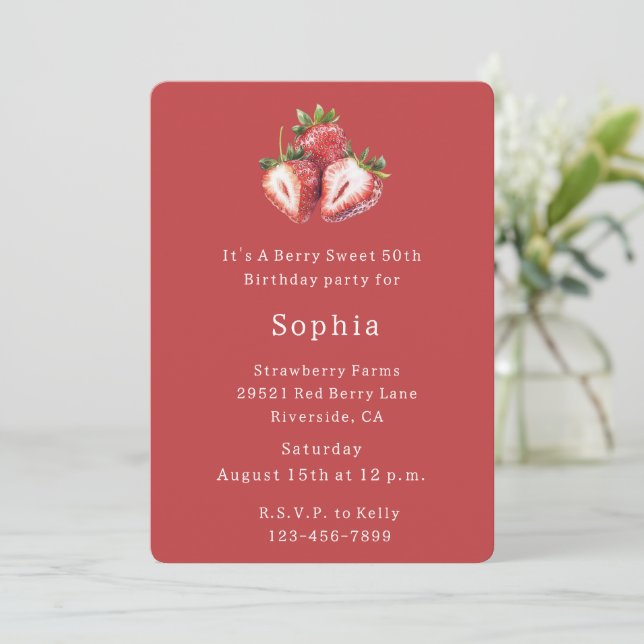 Invitación Cumpleaños Dulce Fresa Roja de Cumpleaños (Anverso de pie)
