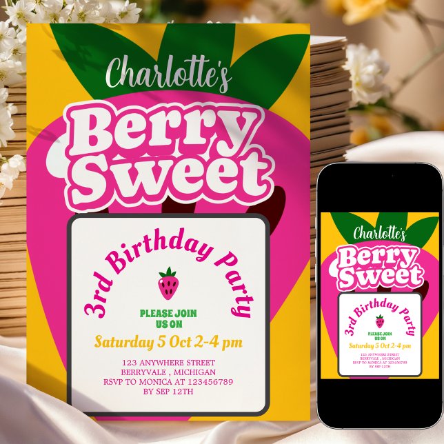 Invitación Cumpleaños Dulce Fresa Rosa Amarillo Brillante (Subido por el creador)
