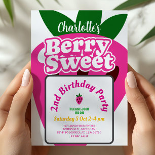 Invitación Cumpleaños Dulce Fresa Rosa Brillante