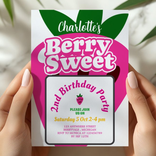 Invitación Cumpleaños Dulce Fresa Rosa Brillante (Subido por el creador)