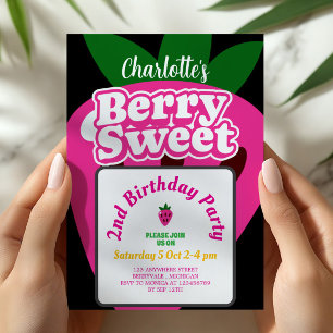 Invitación Cumpleaños Dulce Fresa Rosa Brillante