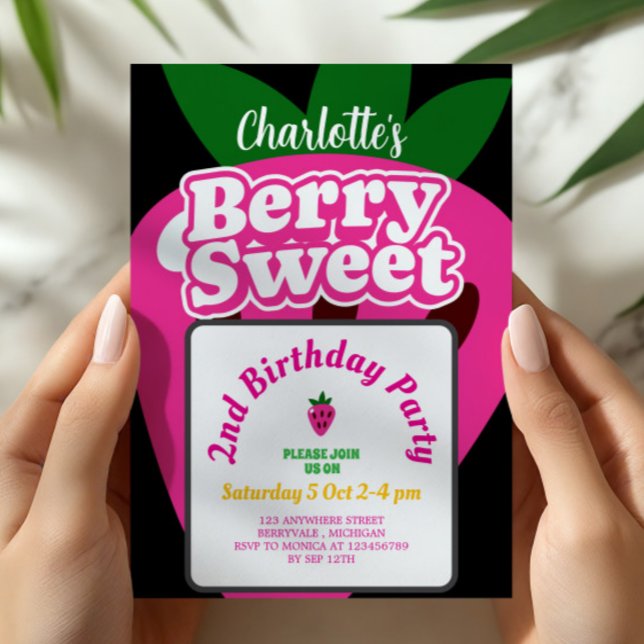 Invitación Cumpleaños Dulce Fresa Rosa Brillante (Subido por el creador)