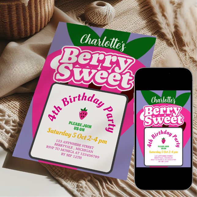 Invitación Cumpleaños Dulce Fresa Rosa y Morada (Subido por el creador)