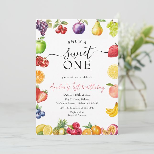 Invitación Cumpleaños Dulce Fruta para Niñas 1er (Anverso de pie)