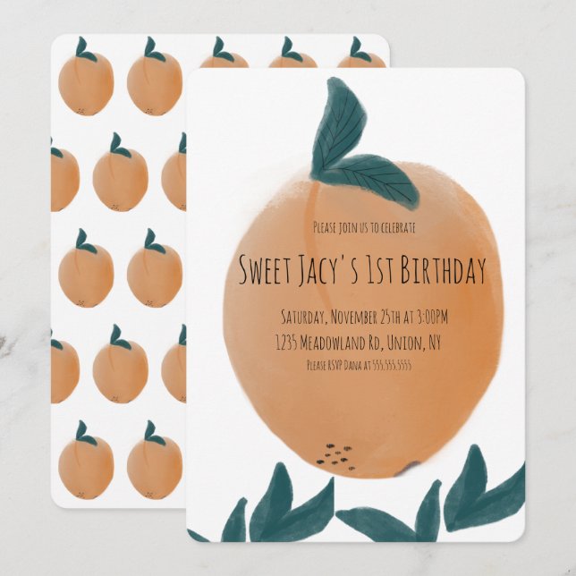 Invitación Cumpleaños Dulce Melocotón Aquarela Adorable (Anverso / Reverso)