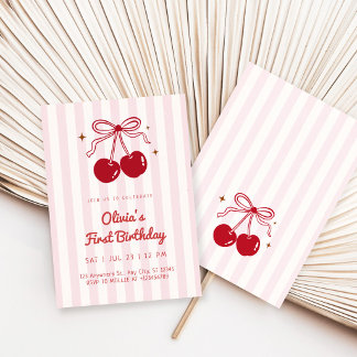 Invitación Cumpleaños Dulce Niña de Cereza con Lazo Rosa 1er