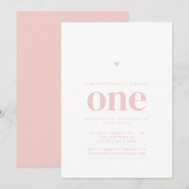 Invitación Cumpleaños Dulce Primero Corazón Rosa (Anverso / Reverso)
