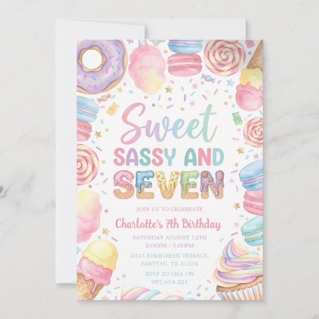 Invitación Cumpleaños Dulce Sassy Siete 7 (Anverso)