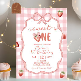 Invitación Cumpleaños dulce uno Coquette Fresa Cuadro Rosa