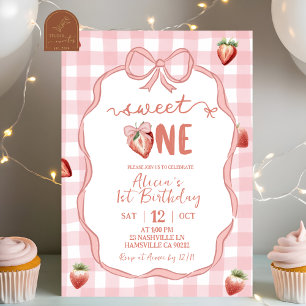 Invitación Cumpleaños dulce uno Coquette Fresa Cuadro Rosa
