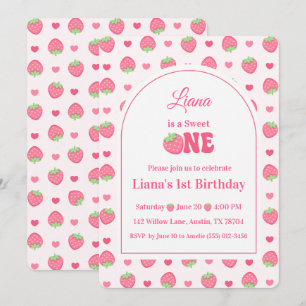 Invitación Cumpleaños Dulce Uno de Niña Fresa Rosa