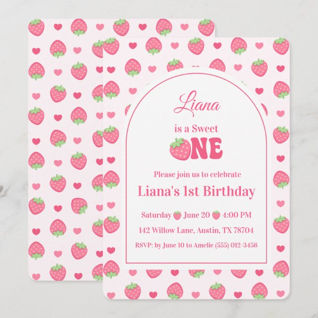 Invitación Cumpleaños Dulce Uno de Niña Fresa Rosa (Anverso / Reverso)