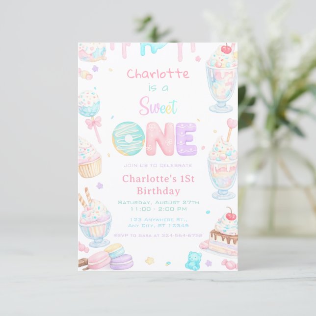 Invitación Cumpleaños Dulce Uno Fiesta Pastel (Anverso de pie)