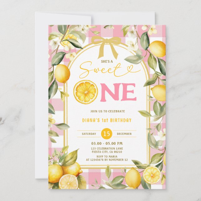 Invitación Cumpleaños dulce uno gingham limón rosa (Anverso)