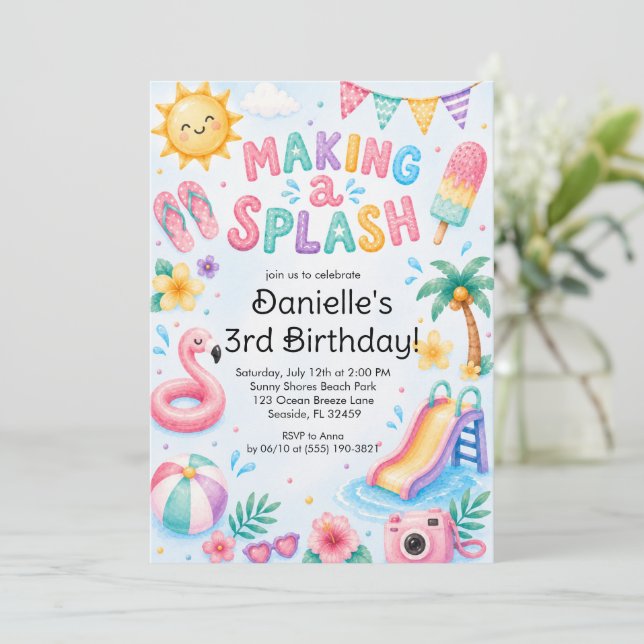Invitación Cumpleaños Dulce Verano Haciendo Splash  (Anverso de pie)