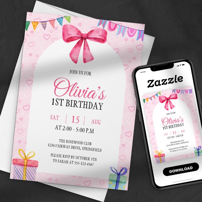 Invitación Cumpleaños Dulce y Simple con Lazo de Acuarela Ros (Subido por el creador)