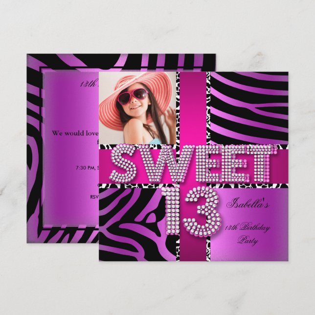 Invitación Cumpleaños Dulces 13 Cebra Vaca Rosa Púrpura (Anverso / Reverso)