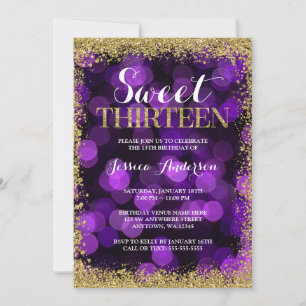 Invitación Cumpleaños Dulces 13 Luces de Purpurina Doradas Fa