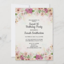 Invitación Cumpleaños Dulces 16 Años Acuarela Crema Morado Ro
