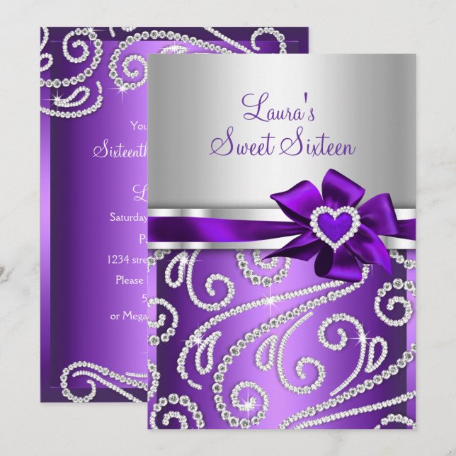 Invitación Cumpleaños Dulces 16 Arco Purpura Brillo Diamante  (Anverso / Reverso)