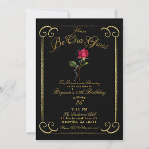 Invitación Cumpleaños Dulces 16 Belleza Rosa Roja Negro y Dor